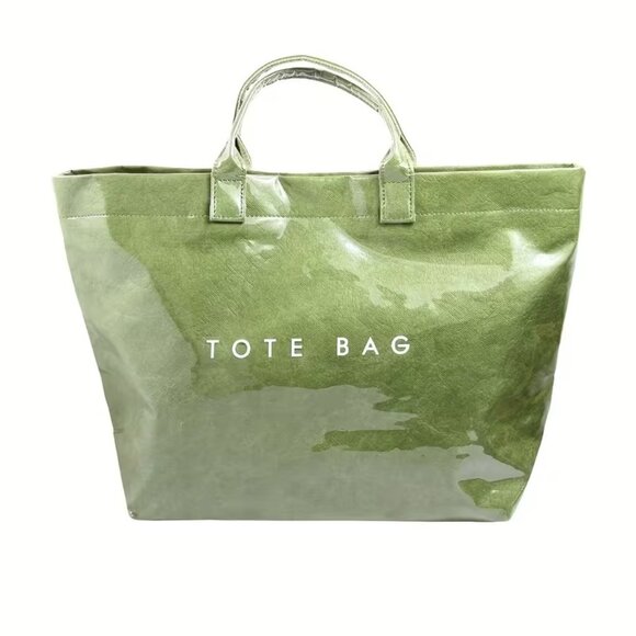 Large Green PVC Tote Bag Lightweight Glossy Everyday Shopping Handbag - Picture 4 of 4